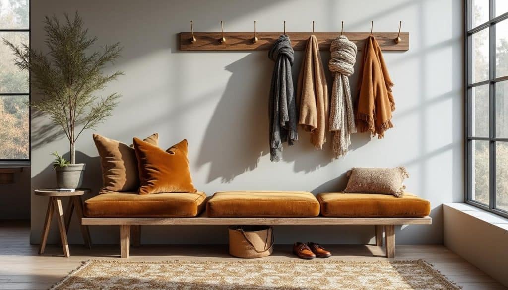 découvrez comment créer une entrée accueillante avec le trio gagnant : un banc pratique, des patères élégantes et un tapis chaleureux pour un espace organisé et convivial.