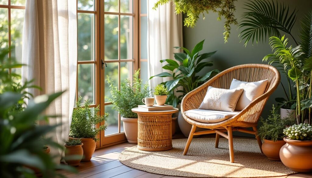 découvrez comment le mobilier en rotin apporte une touche bohème chaleureuse et naturelle à la décoration de votre véranda, créant un espace cosy et accueillant.