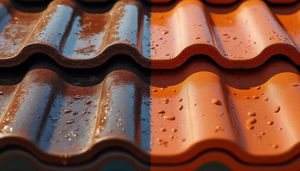 le traitement hydrofuge protège efficacement les tuiles en réduisant leur porosité, prolongeant ainsi leur durabilité et améliorant leur résistance aux intempéries.