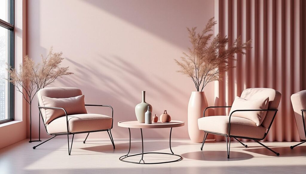 découvrez comment les touches de rose poudré apportent douceur et élégance au mobilier métallique, atténuant sa rigueur avec style et modernité.