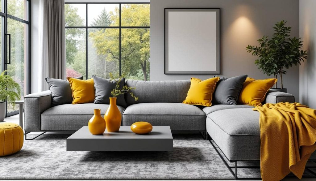 découvrez comment le jaune moutarde apporte chaleur et éclat en réveillant les nuances de gris de votre salon pour une ambiance contemporaine et élégante.