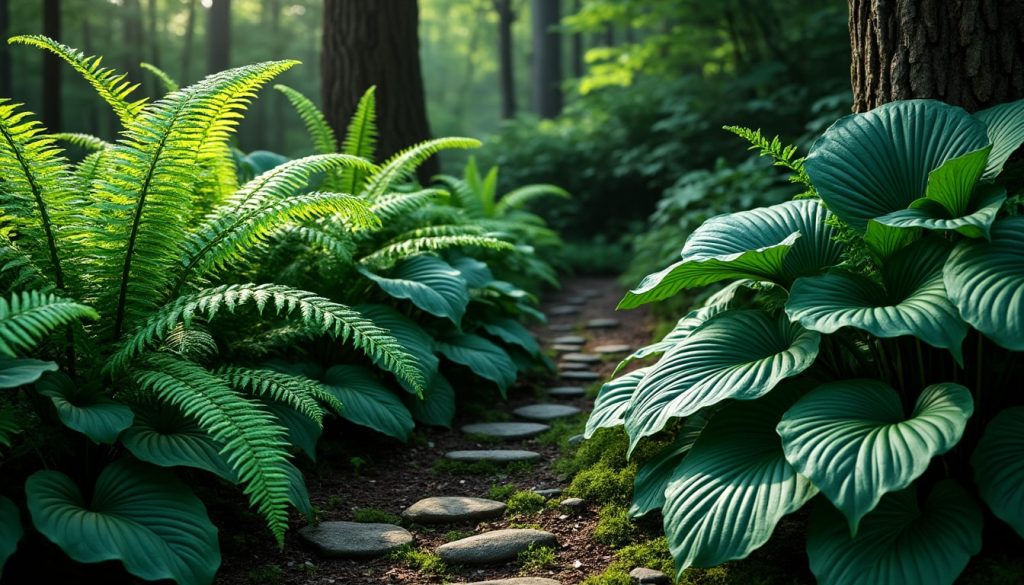 découvrez comment le jardin d'ombre accueille avec élégance les fougères et les hostas, créant un espace ombragé riche en textures et en verdure.